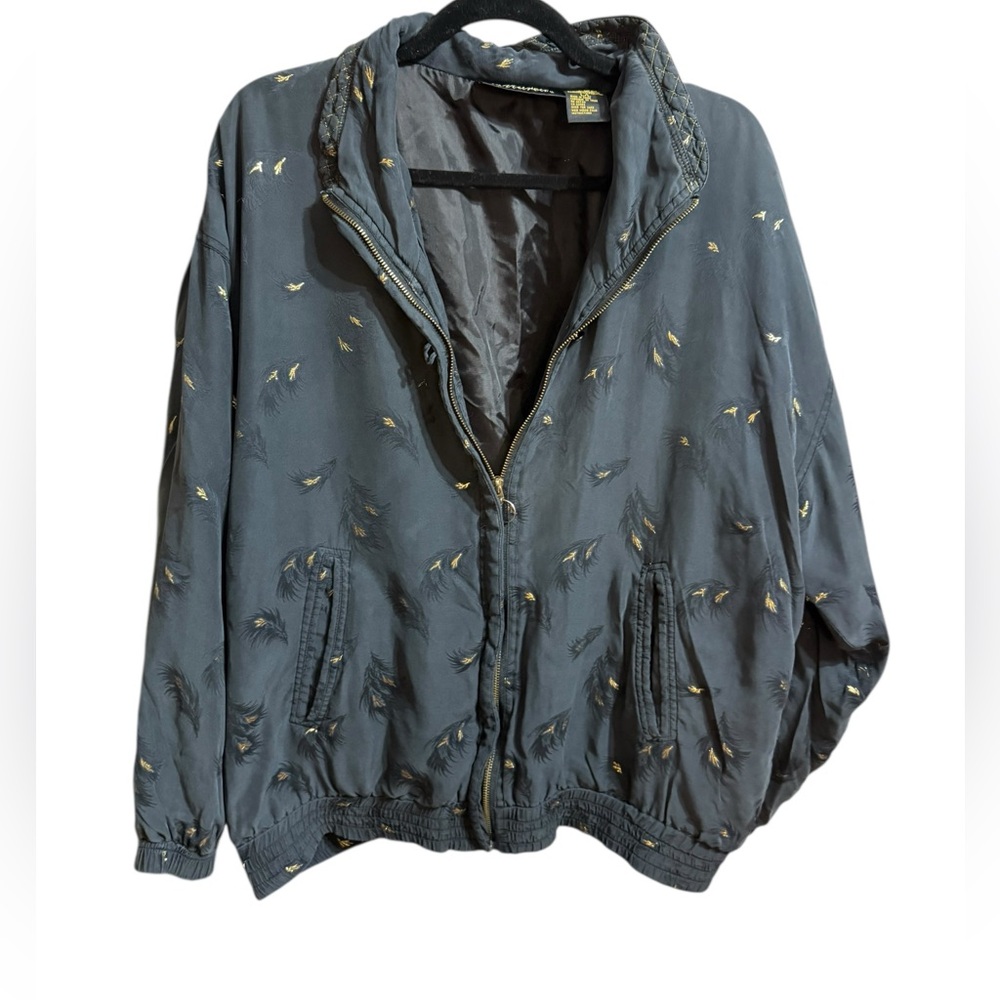 Vintage Mureli 100% Silk‎ Feather-Print Jacket Black Bomber Style ’80s/’90s Sz L